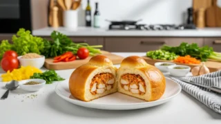 Brioche dourado recheado com frango temperado, servido em prato branco.