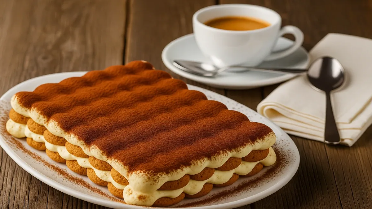 Fatia de Tiramisù clássico com camadas visíveis de creme e biscoitos embebidos em café, finalizada com cacau polvilhado.