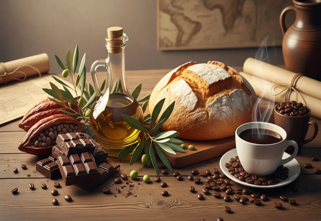 Mesa com pão artesanal, azeite extravirgem, barras de chocolate, grãos de café e uma xícara de café fumegante, representando alimentos com história e tradição.