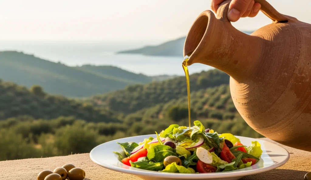 Salada fresca com azeite extravirgem sendo derramado de uma ânfora de barro, com vista para oliveiras e o mar.