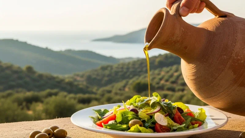 Salada fresca com azeite extravirgem sendo derramado de uma ânfora de barro, com vista para oliveiras e o mar.