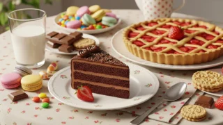 Fatia de bolo de chocolate e torta de morango com doces variados.