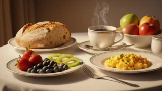 Mesa de café da manhã com pão, ovos mexidos, café e frutas frescas.