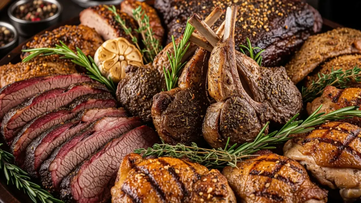 carnes e aves Tábua de carnes assadas e grelhadas com ervas frescas.