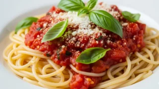 Espaguete com molho de tomate, manjericão e queijo.