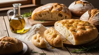 Pães artesanais e focaccia em mesa rústica com farinha e azeite.