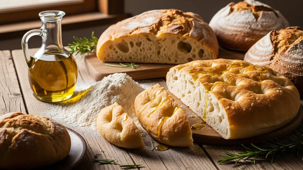 pães e focaccias Pães artesanais e focaccia em mesa rústica com farinha e azeite.