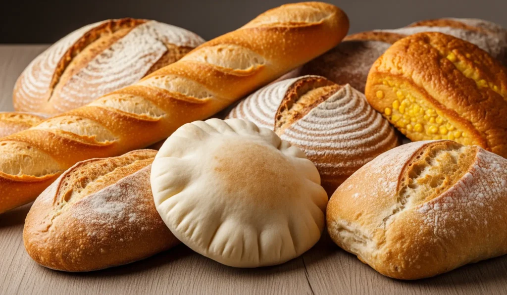 Variedade de pães artesanais frescos, incluindo baguete, pão italiano, pão de milho e pão pita, sobre uma mesa de madeira.