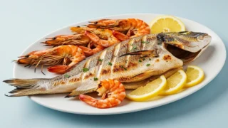 Peixe grelhado com camarões e limão em prato azul.