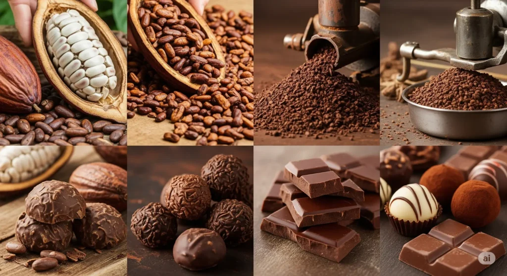 Processo de produção do chocolate, mostrando o cacau fresco, os grãos, o pó de cacau e chocolates prontos como barras, trufas e bombons.