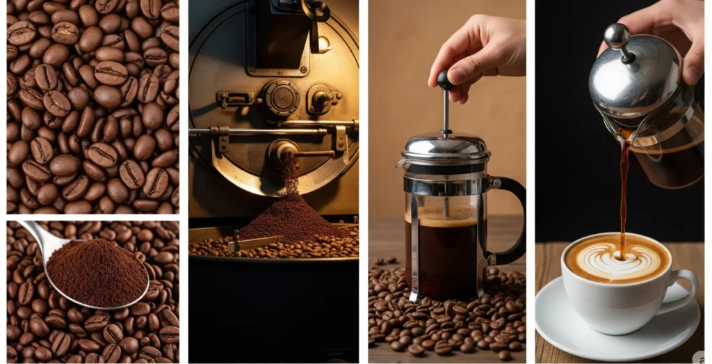Processo de preparo do café mostrando grãos torrados, moagem, prensa francesa e café servido na xícara com latte art.