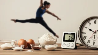 Ingredientes simples, timer e relógio para receitas rápidas.