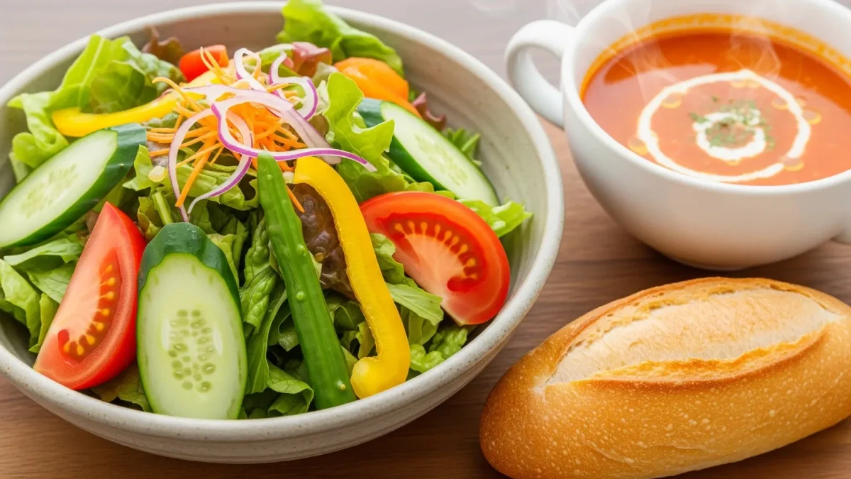 saladas sopas e caldos Salada colorida, sopa quente e pãozinho.