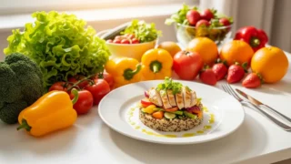 Mesa com legumes, folhas, frutas e prato saudável.