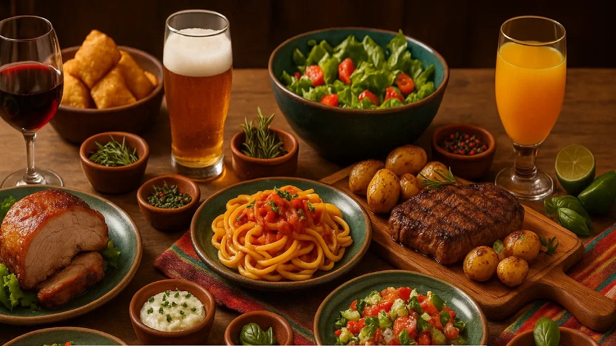 Mesa vista de cima com pratos brasileiros variados, bebidas como vinhos, cervejas e sucos, além de temperos, frutas e acompanhamentos típicos em estilo rústico e elegante.