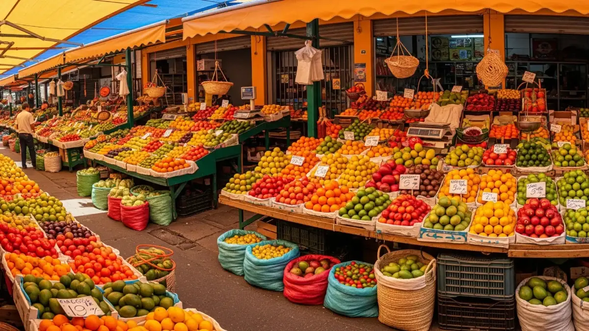 Compras e Sazonalidade 02 Feira de frutas colorida no Brasil com barracas cheias de laranjas, mangas, limões e outras frutas frescas sob toldos.
