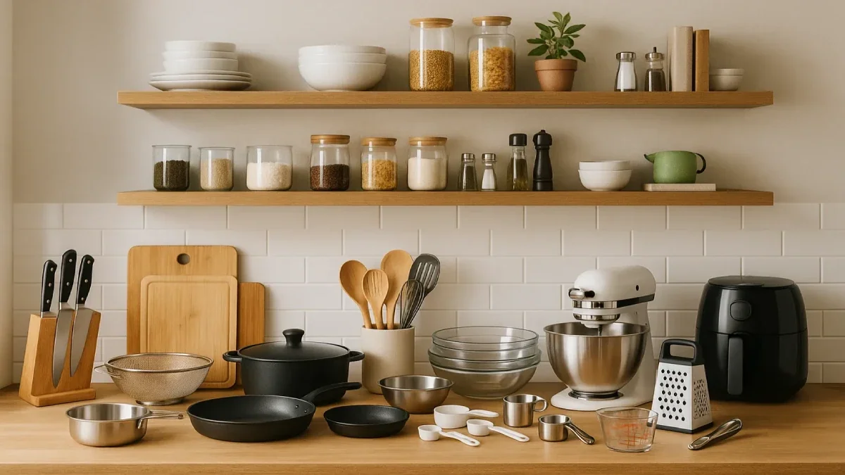 Cozinha contemporânea com bancada organizada contendo utensílios essenciais como facas, panelas, tábuas, colheres, peneiras, bowls e eletrodomésticos, com prateleiras ao fundo repletas de potes com grãos e louças.