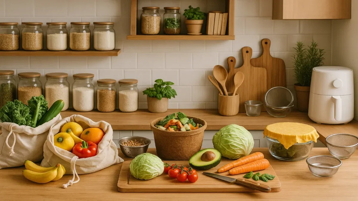 Bancada de cozinha de madeira com sacolas de tecido cheias de frutas e vegetais, tábuas de corte, tigela de salada e eletrodomésticos brancos ao fundo.