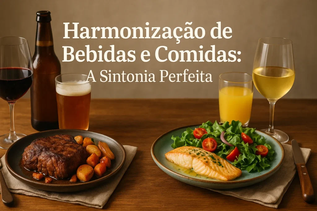 Mesa com prato de carne ao lado de vinho tinto e IPA, e prato de peixe com salada acompanhado de vinho branco e suco de laranja, simbolizando a harmonização de sabores.