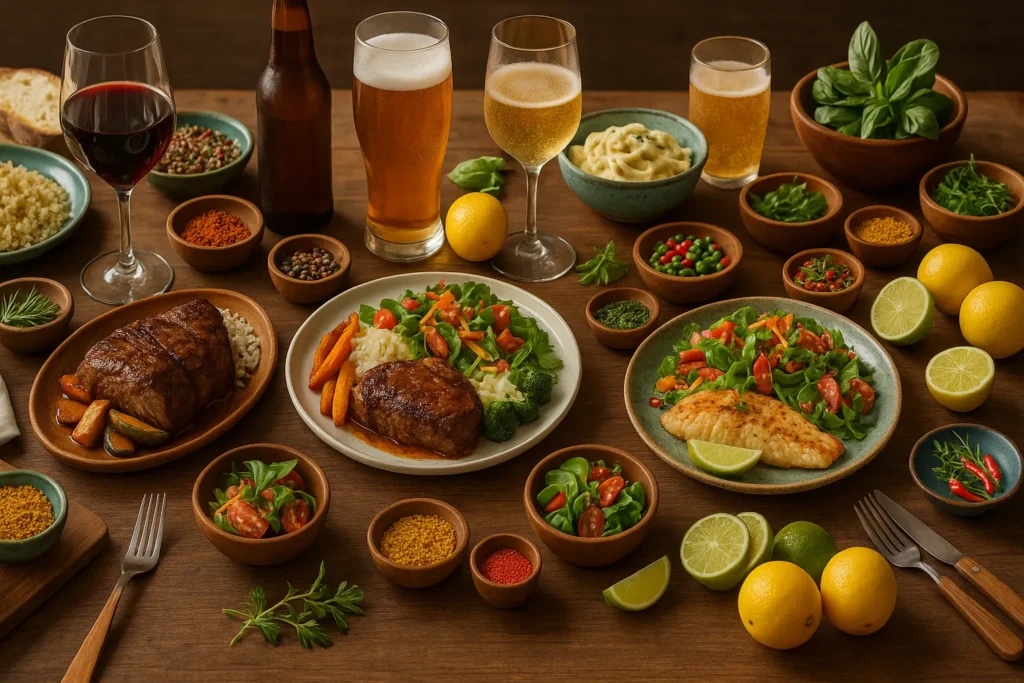 Mesa com pratos brasileiros como carne, massas e saladas, cercada por cervejas, vinhos e sucos em um ambiente rústico e acolhedor.