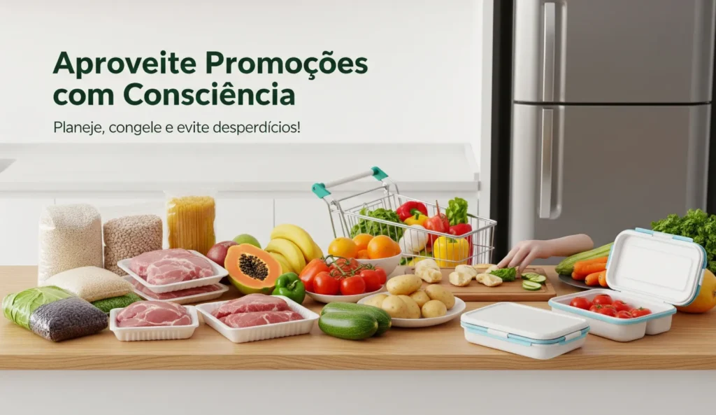 Cozinha brasileira com bancada cheia de alimentos frescos e embalados, marmitas e um carrinho de compras, ilustrando o planejamento para aproveitar promoções e evitar desperdício.