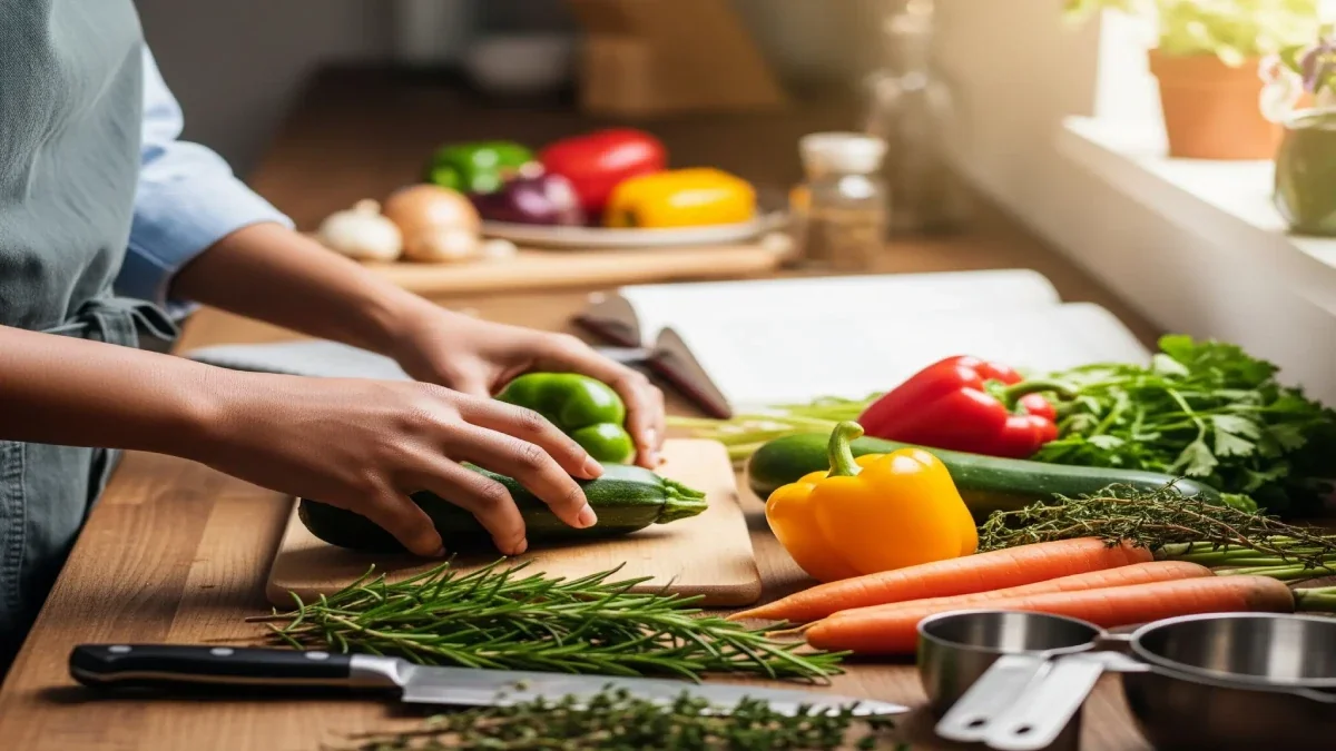 Mãos preparando legumes frescos e ervas em uma bancada de madeira, com livro de receitas e faca ao fundo, sob luz natural.