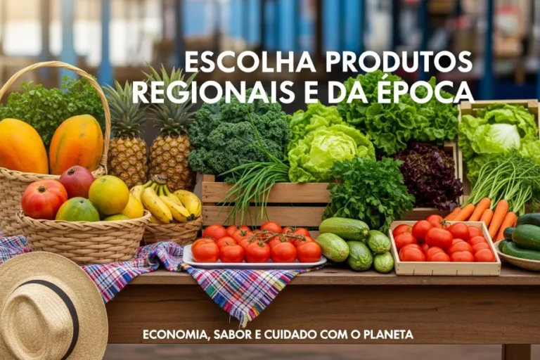 Mesa rústica em feira livre com variedade de frutas tropicais e vegetais frescos brasileiros em cestos e caixotes, com chapéu de palha e tecidos típicos.