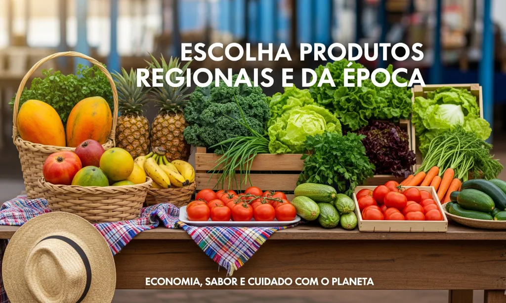 Mesa rústica em feira livre com variedade de frutas tropicais e vegetais frescos brasileiros em cestos e caixotes, com chapéu de palha e tecidos típicos.
