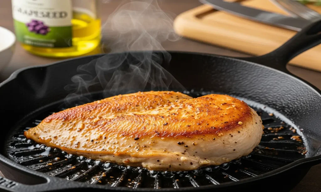 Peito de frango sendo selado em frigideira de ferro quente com óleo, formando crosta dourada e liberando vapor.