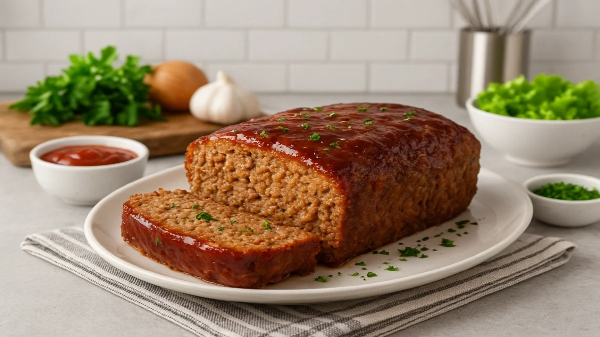 Bolo de carne moída caseiro assado, suculento, servido em prato branco em uma cozinha moderna.