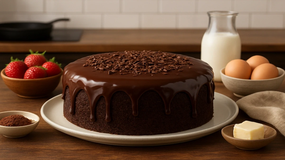 Bolo de Chocolate Fofinho com Cobertura Cremosa.