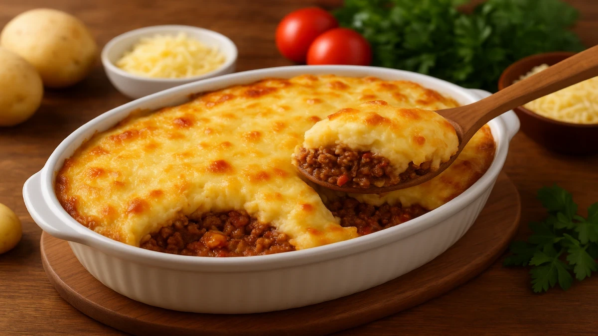 Escondidinho de carne gratinado em refratário com purê cremoso e recheio suculento.