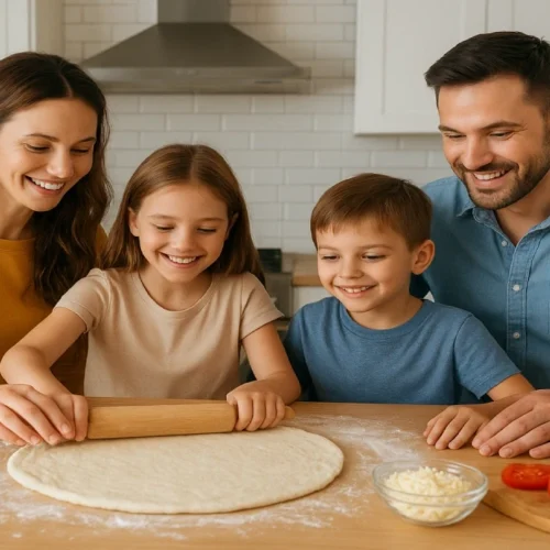 Família feliz preparando massa de pizza fácil em uma cozinha moderna, com ingredientes frescos sobre a mesa.