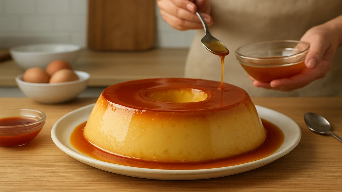 Pudim de leite cremoso com calda dourada em prato branco, sobremesa clássica brasileira.