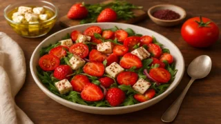 Salada de tomate, morango e feta marinado com sumac servida em travessa rústica, acompanhada de ingredientes frescos.