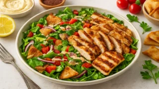 Salada Fattoush com frango grelhado, halloumi dourado, pão pita crocante e legumes frescos.