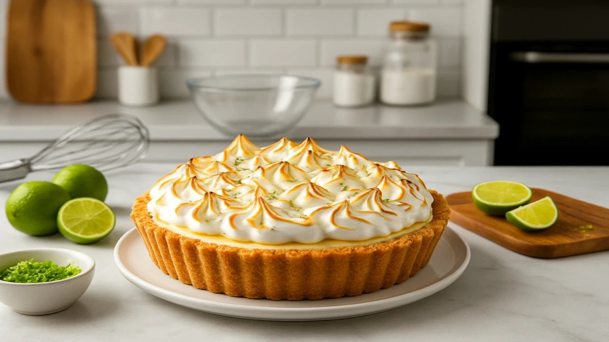 Torta de limão cremosa com merengue dourado e raspas de limão em mesa de cozinha.