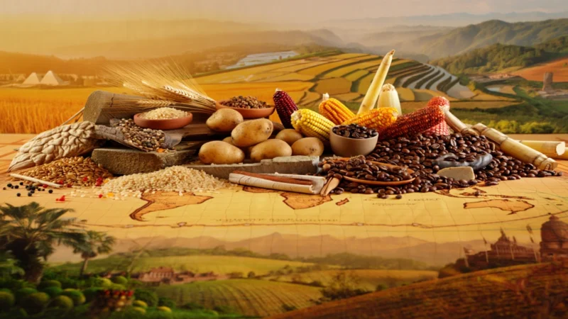 Imagem realista mostrando grãos, batatas, café, milho e trigo sobre mapa antigo, representando alimentos históricos que mudaram a história da humanidade.