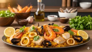 Arroz com frutos do mar em uma panela grande, com camarão, mexilhões e peixe, decorado com cheiro-verde e limão em um ambiente de cozinha.