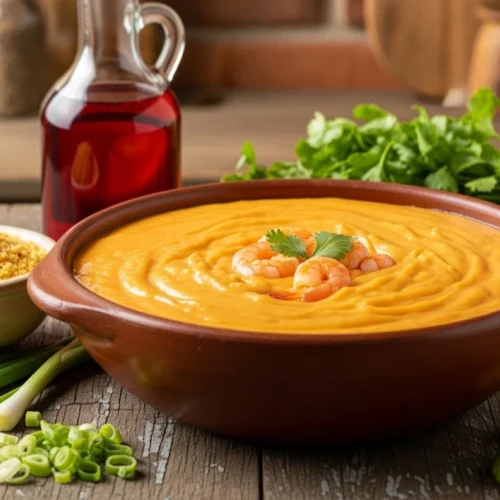Uma tigela de bobó de camarão cremoso, com aipim e camarões suculentos, em um ambiente rústico de cozinha, com azeite de dendê e coentro ao fundo.