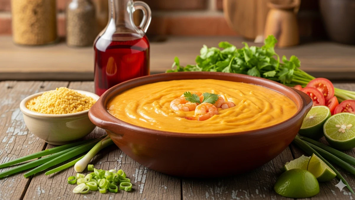 Uma tigela de bobó de camarão cremoso, com aipim e camarões suculentos, em um ambiente rústico de cozinha, com azeite de dendê e coentro ao fundo.