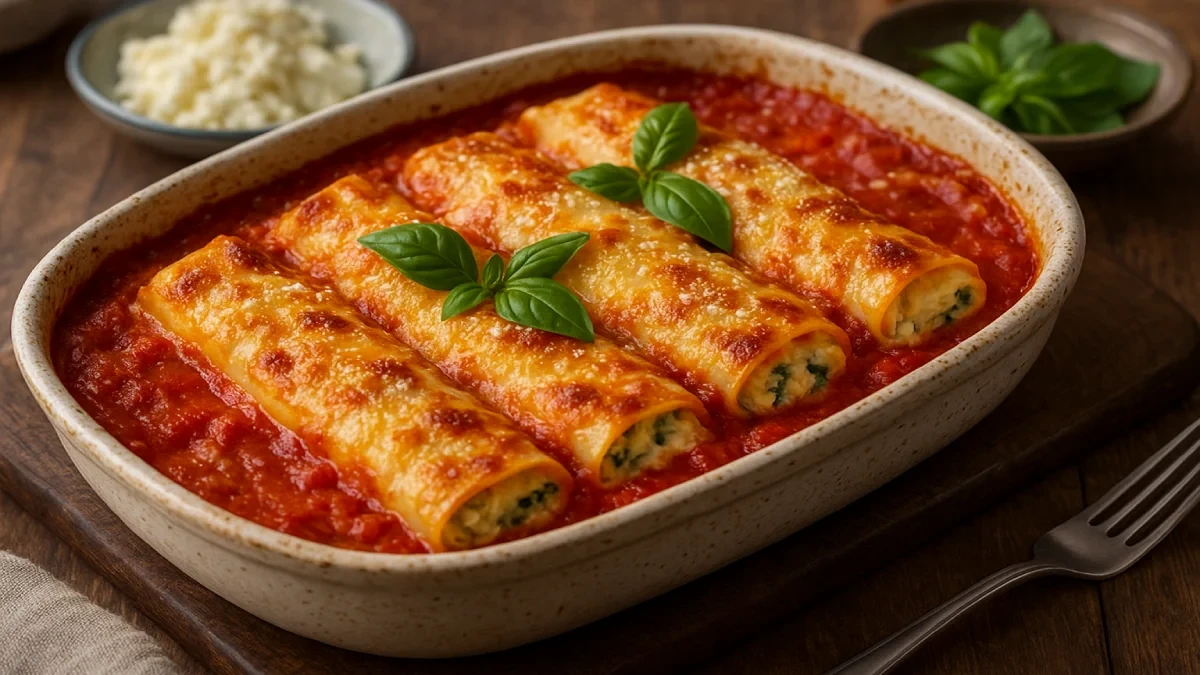 Foto de canelone artesanal gratinado com molho de tomate e queijo parmesão.