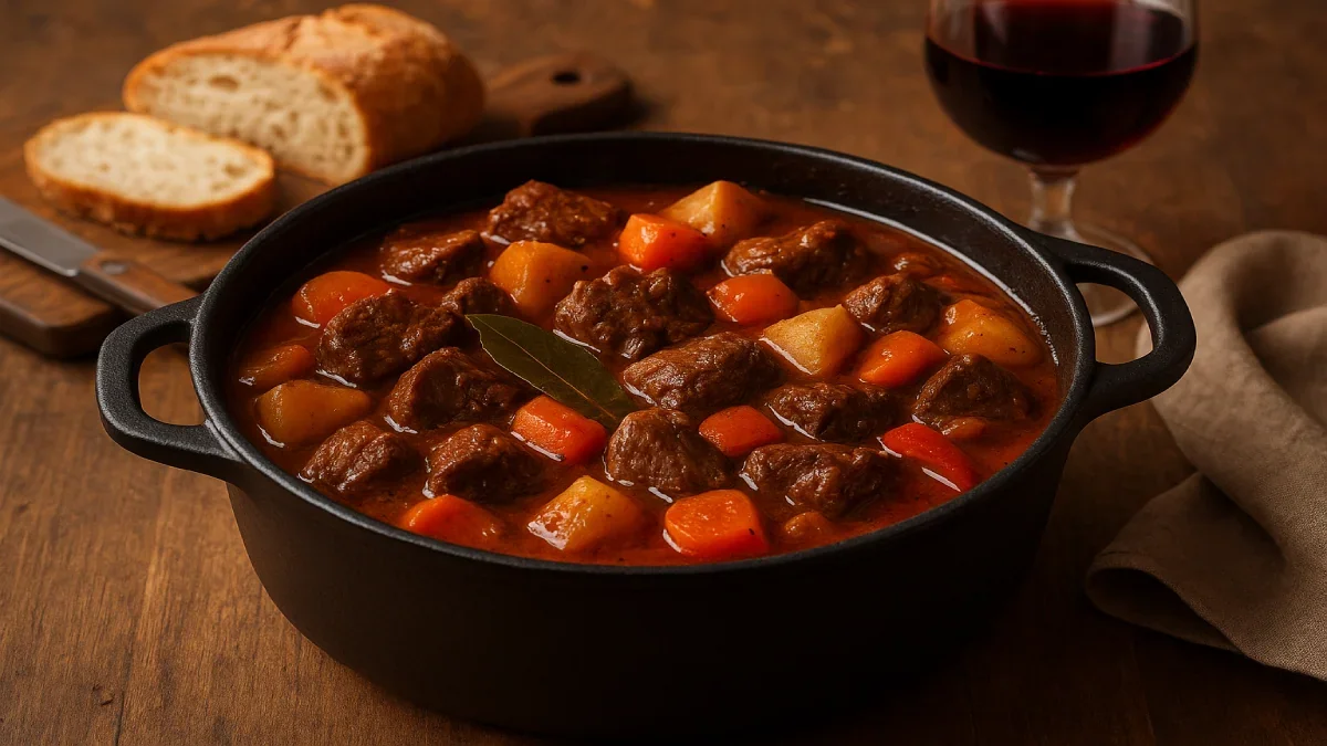 Carne de panela com batatas e cenouras em caçarola de ferro, servida em cozinha rústica.