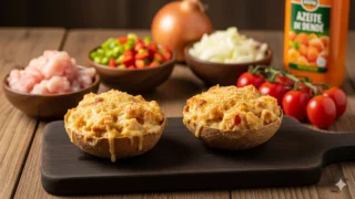 Casquinhas de siri gratinadas, com queijo e farinha de rosca por cima, servidas em conchas naturais sobre uma tábua de madeira em ambiente de cozinha.