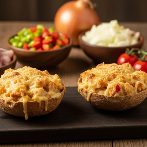 casquinhas de siri gratinadas com queijo parmesão e farinha de rosca dourada servidas em conchas naturais sobre tábua de madeira