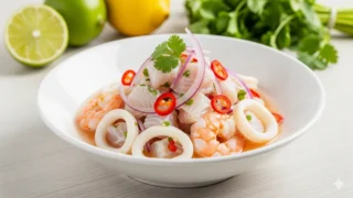 Um bowl branco com ceviche de frutos do mar, com tilápia em cubos, camarões, anéis de lula, cebola roxa fatiada e coentro picado, limões e temperos ao fundo.