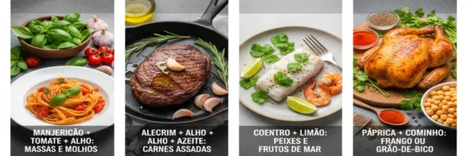 Combinações de temperos com alimentos: manjericão, tomate e alho para massas; alecrim, alho e azeite para carnes; coentro e limão para peixes; páprica e cominho para frango e grão-de-bico.