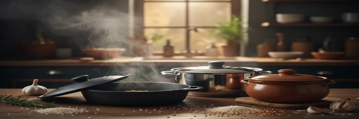 Três panelas de tipos diferentes (ferro fundido preta, inox prateada e cerâmica marrom) em uma bancada de cozinha de madeira rústica, com vapor saindo da panela de ferro. Grãos como arroz, lentilha e especiarias estão espalhados na bancada, juntamente com alho e alecrim fresco. Ao fundo, uma janela ilumina o ambiente aconchegante.