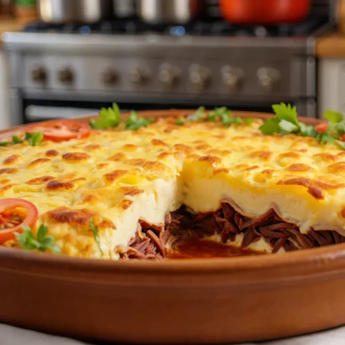Escondidinho de carne do sol com purê de macaxeira gratinado, servido em travessa com queijo coalho dourado e acompanhamentos típicos.