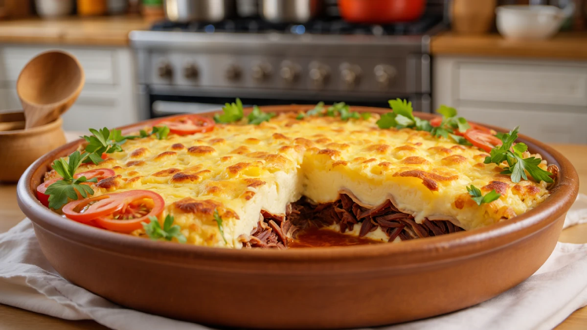 Escondidinho de carne do sol com purê de macaxeira gratinado, servido em travessa com queijo coalho dourado e acompanhamentos típicos.